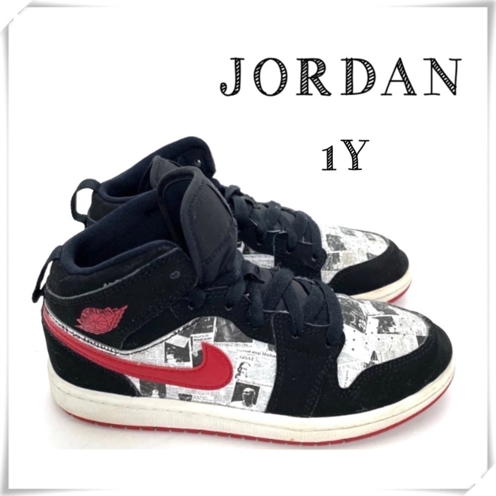 Nike Jordan Air 1 Mid SE Newspaper Air Times Sneakers Black,White,Red BQ6932-061